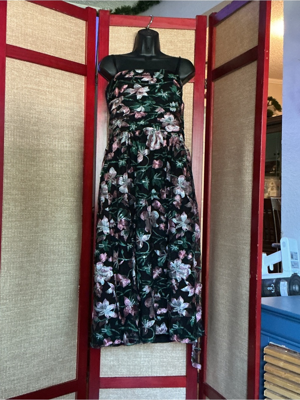 Kensie Black Velvet Strapless Midi Dress with Pink and Green Floral Embroidery